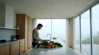 Young Caucasian man preparing fresh vegetables in a modern minimalist kitchen with large windows and natural light.