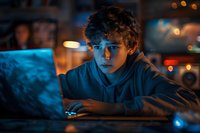 Young Caucasian male teen in hoodie illuminated by blue laptop screen light at night, creating moody atmospheric portrait with bokeh background lighting effects.