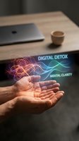 Hands holding glowing digital detox and mental clarity concept with colorful energy waves above workspace with laptop and coffee cup on wooden desk.