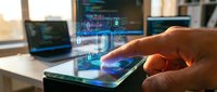 Hand touching smartphone screen with digital security interface displaying lock icons and data protection symbols in modern office environment.