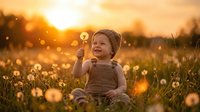 Happy toddler boy sitting in dandelion field at golden sunset holding flower with magical bokeh light effects creating dreamy childhood moment outdoors.