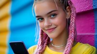 Young woman with pink braids and bright smile holding smartphone against colorful wall background. Modern urban lifestyle and youth culture portrait.