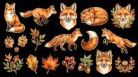 Foxes and autumn foliage collection isolated on transparent background. Ready for t-shirt design, clipart, stickers, sublimation and print-on-demand projects.