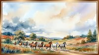 Watercolor painting of wild horses galloping across autumn countryside landscape with rolling hills, dramatic cloudy sky and warm earth tones.