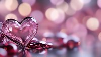 Romantic pink glass heart on blurred bokeh background with soft reflections and dreamy lighting creates magical Valentine's Day atmosphere.