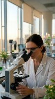 Female scientist examining samples through microscope in modern laboratory wearing white coat and safety glasses for research analysis.