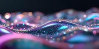 Abstract flowing waves with glowing particles in pink and turquoise colors on dark background create magical bokeh effect and sparkle with light.