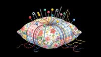 Colorful patchwork pincushion with sewing pins and threads, isolated on transparent background. Great for clipart, stickers, t-shirt design, and print on demand crafts.