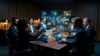 Business team analyzing global network data with holographic display in modern conference room for strategic planning and digital transformation.