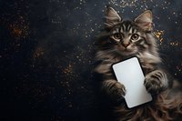 Adorable fluffy tabby kitten holding blank white card on dark background with golden sparkles for greeting cards and promotional materials.