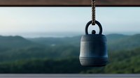 Decorative metal bell with ornate pattern hanging against blurred mountain landscape background, creating zen atmosphere for meditation and mindfulness practices.