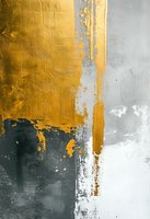 Abstract art composition featuring gold, gray and black colors with textured brush strokes and paint drips creating a modern minimalist wall decor piece.