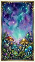 Mystical night sky with glowing nebula, crescent moon, and stars above enchanted forest floor featuring luminescent mushrooms, magical toadstools, and lush vegetation in purple, teal, and gold tones.