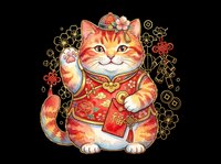 Cute lucky cat in red traditional outfit holding a fortune envelope, isolated on transparent background, for stickers, t-shirts, and print on demand.