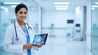 Young Indian female doctor in white coat holding tablet with medical scan in modern hospital corridor for healthcare technology presentations.