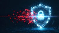Digital cybersecurity shield protecting against red virus malware attacks with glowing blue lock symbol on dark technological background for data protection.