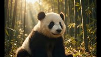Giant panda in bamboo forest with sunlight filtering through trees, wildlife and nature conservation theme.