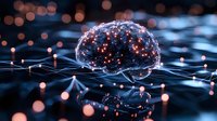 Glowing brain shape with neural connections on dark background illuminated by orange light particles, representing artificial intelligence and machine learning.