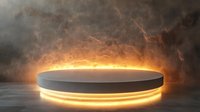 Glowing neon platform with orange light effect and smoke in dark space, modern futuristic display stand for product presentation on black background.