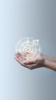 Hands holding glowing compass hologram with directional arrows for navigation guidance and business strategy planning concepts.