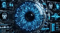 Futuristic digital eye with glowing blue neural networks and holographic interface elements for cybersecurity and artificial intelligence concepts.