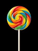 Colorful spiral lollipop with red, yellow, blue, and green swirls on wooden stick, isolated on transparent background. Ready for clipart, t-shirt designs, stickers, and print-on-demand products.