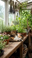 Calico cat sleeping peacefully among potted herbs and plants in rustic greenhouse garden shed with hanging dried lavender bundles overhead.