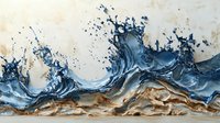 Dramatic ocean waves crash against rocky shore in blue and gold tones, artistic fluid painting style shows dynamic water movement and coastal energy.