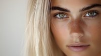 Close up portrait of young woman with blonde hair, freckles, and striking blue eyes against light background, natural beauty makeup look for cosmetic and skincare advertising.