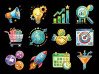 Megaphone with stars and light bulb with gears representing innovation, growth chart with upward arrow and star, magnifying glass over bar graph, shopping cart with gift boxes, globe with network connections, handshake with coins, target on computer screen, purple circles with social media icons, rocket ship, calendar with clock, and funnel chart icon set isolated on transparent background for business, marketing, startup, and entrepreneurship design projects, t-shirt designs, stickers, and print-on-demand products.