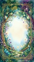 Enchanted forest frame with golden ornate border, magical trees, flowers and butterflies creating mystical woodland portal for fairy tale designs.