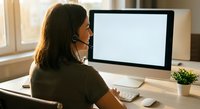 Professional woman with headset working at computer in modern office environment for customer service and remote work applications.