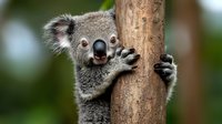 Adorable koala bear cub clinging to eucalyptus tree trunk with fuzzy ears and expressive eyes, showing natural behavior in Australian wildlife habitat.