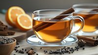 Hot spiced tea with cinnamon sticks, orange slices and aromatic spices on wooden table. Cozy winter beverage in glass cups with warm golden glow.