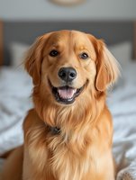 Golden retriever with friendly expression sitting on bed in modern bedroom interior, perfect for pet care and lifestyle content.