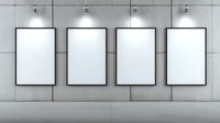Four empty white vertical frames mounted on concrete wall with spotlight illumination above each frame, creating dramatic gallery-style presentation space.