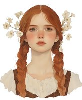 Young woman with red braided hair, freckles and green eyes wearing vintage dress, adorned with delicate white cherry blossoms, painted in soft romantic style.