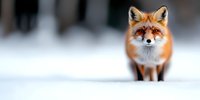 Red fox standing in fresh white snow with curious expression, soft bokeh background creates dreamy winter atmosphere. Wildlife photography in natural habitat.