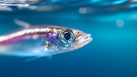 Macro shot of small silver fish head with iridescent scales and prominent eye against blurred turquoise water background, creating ethereal underwater atmosphere.