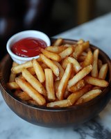 Golden crispy french fries served in wooden bowl with ketchup dip for restaurant menu and fast food advertising.