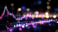 Financial market graph with blurred city lights background, glowing pink and blue candlestick chart showing stock trading data and bokeh effects.