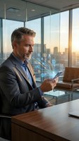 Mature Caucasian businessman using smartphone with digital network icons in modern office at sunset for technology and communication concepts.
