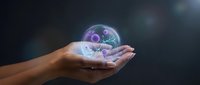 Hand holding glowing digital sphere with purple molecular structures and data visualization elements against dark background for technology and innovation concepts.