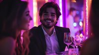 Young Hispanic man in suit smiling during romantic dinner date at upscale restaurant with purple neon lighting ambiance, wine glasses on table creating intimate atmosphere.