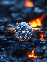 Luxury diamond engagement ring with rose gold band on volcanic rock surface with glowing lava background for jewelry advertising and wedding concepts.