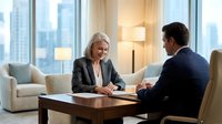 Mature blonde woman in business attire conducting professional meeting with male colleague at desk in modern high-rise office with city skyline view.