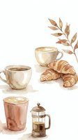 Watercolor coffee cups with croissants and autumn leaves on white background. Cozy breakfast scene with french press and warm beverages for cafe menu design.