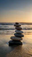 Balanced stone stack on beach sand at sunset with ocean waves creating peaceful zen meditation scene for wellness and mindfulness concepts.