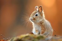 Adorable red squirrel with fluffy fur and bright eyes looking up curiously against warm autumn background, close-up portrait showing detailed whiskers and expressive face.