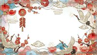 Traditional Chinese New Year frame with red lanterns, cranes, plum blossoms and cultural elements on light background for festive design projects.
